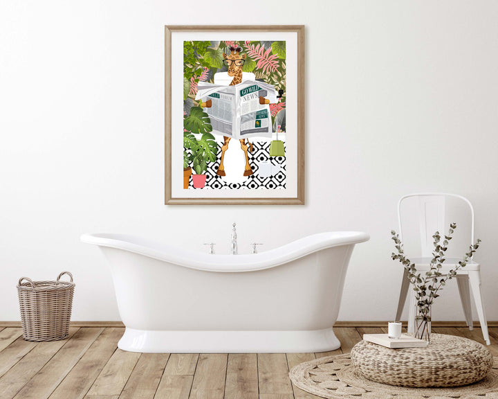 Giraffe on Toilet Bathroom Print, Animal on Toilet Funny Bathroom Wall Art, Tropical Boho Bathroom Jungle Art Decor, Fun Cloakroom Wall Art