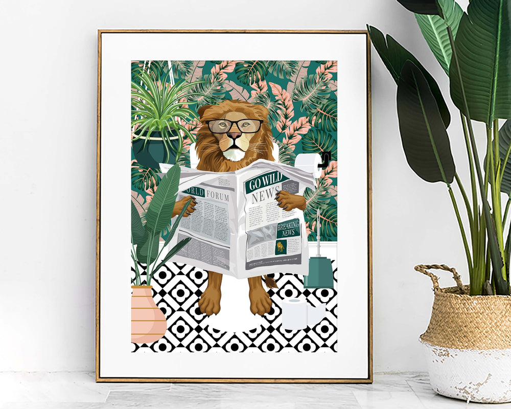 Lion on Toilet Teal Bathroom Print, Animal on Toilet Funny Bathroom Wall Art, Tropical Boho Bathroom Jungle Art Decor, Cloakroom Toilet Art