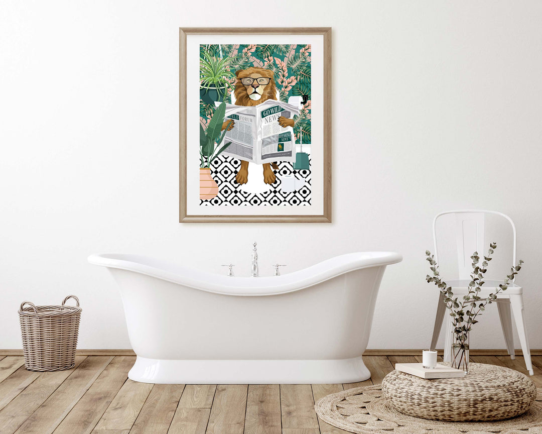 Lion on Toilet Teal Bathroom Print, Animal on Toilet Funny Bathroom Wall Art, Tropical Boho Bathroom Jungle Art Decor, Cloakroom Toilet Art