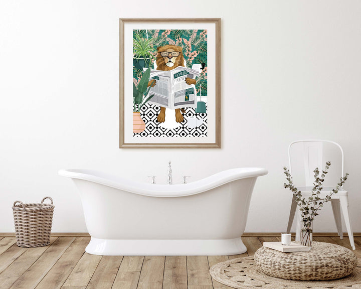Lion on Toilet Teal Bathroom Print, Animal on Toilet Funny Bathroom Wall Art, Tropical Boho Bathroom Jungle Art Decor, Cloakroom Toilet Art