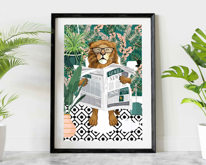Lion on Toilet Teal Bathroom Print, Animal on Toilet Funny Bathroom Wall Art, Tropical Boho Bathroom Jungle Art Decor, Cloakroom Toilet Art