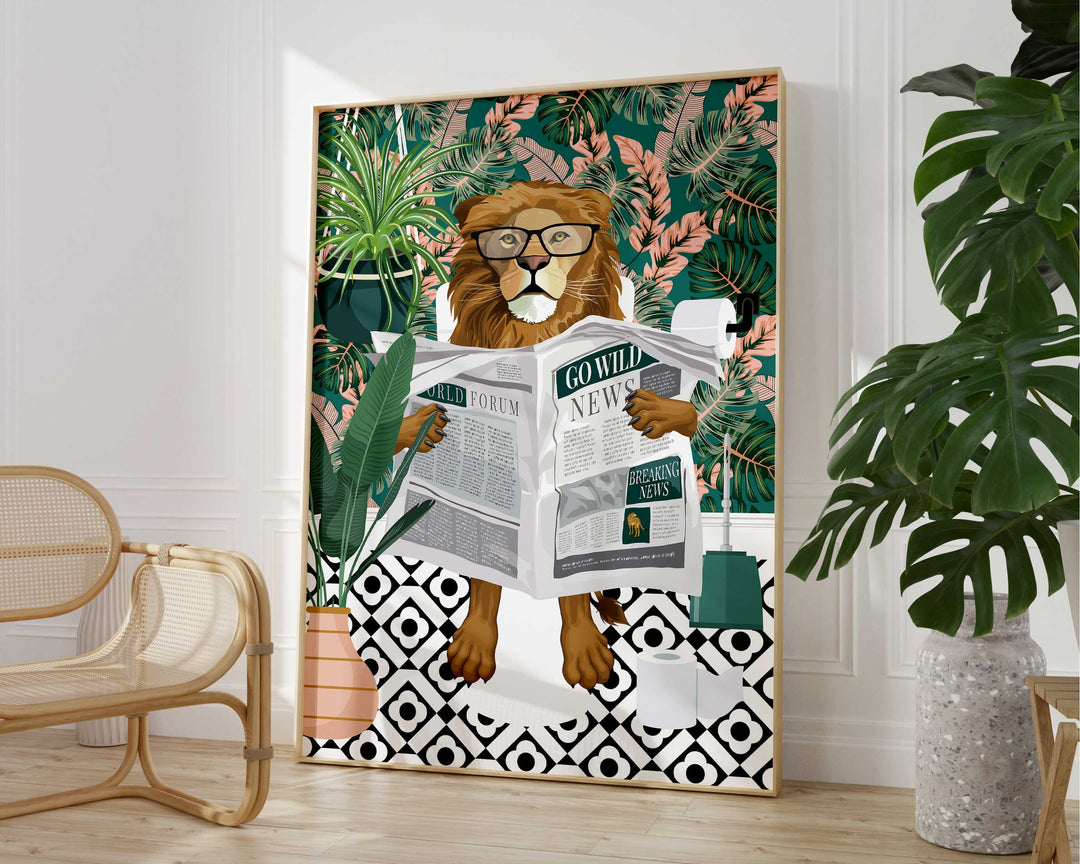 Lion on Toilet Teal Bathroom Print, Animal on Toilet Funny Bathroom Wall Art, Tropical Boho Bathroom Jungle Art Decor, Cloakroom Toilet Art