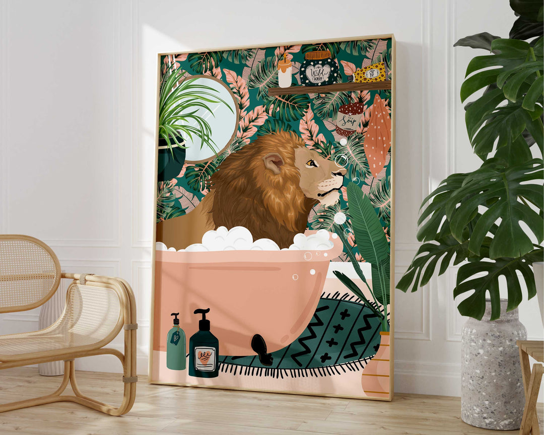 Lion Bathroom Wall Art, Funny Animal Bathroom Prints, Toilet Art Decor, Kids Bathroom Decor, Maximalist Wall Art, Tropical Bathroom Poster