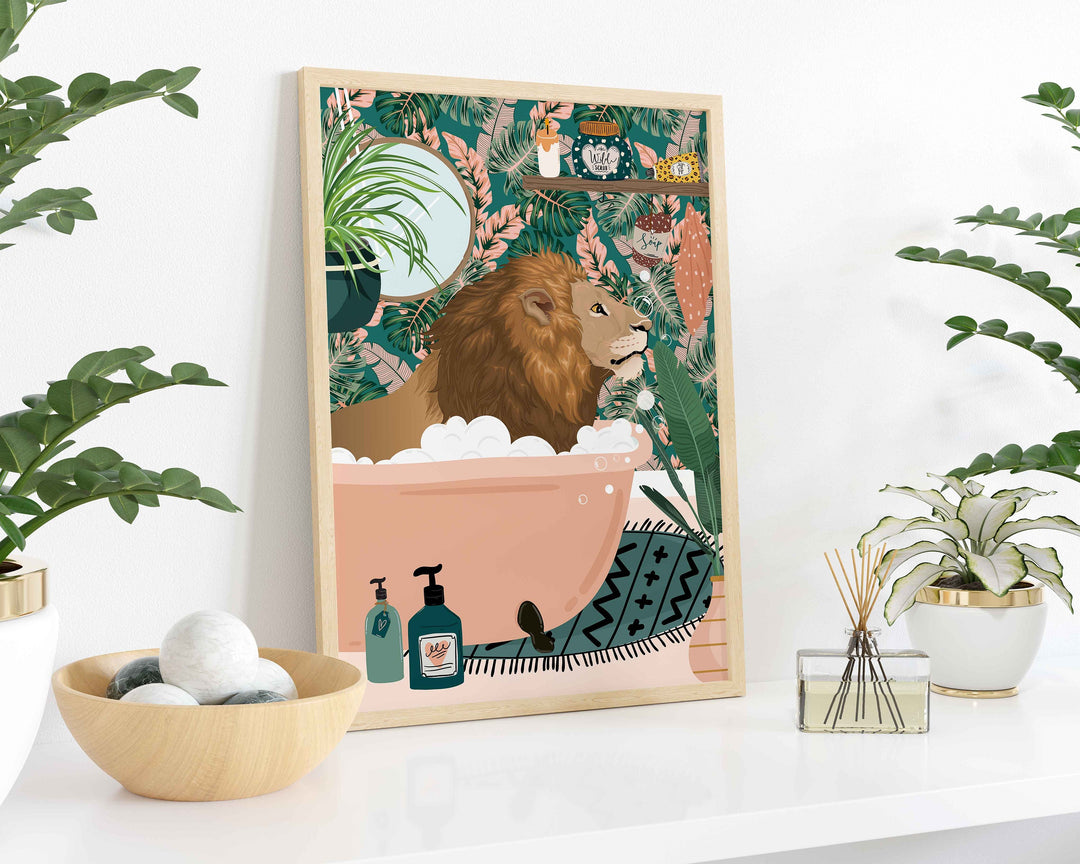 Lion Bathroom Wall Art, Funny Animal Bathroom Prints, Toilet Art Decor, Kids Bathroom Decor, Maximalist Wall Art, Tropical Bathroom Poster