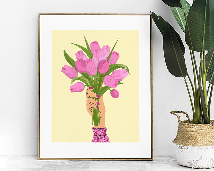 Pink Tulip Abstract Wall Art Print, Pastel Yellow Flower Wall Decor, Spring Flowers Boho Bouquet, Trendy Colourful Botanical Flower Print