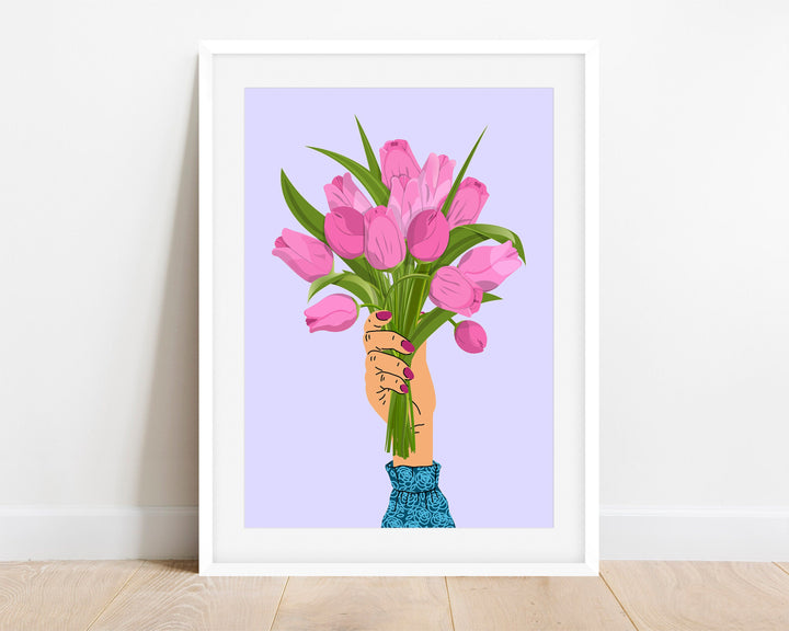 Pink Tulip Abstract Wall Art Print, Pastel Lilac Flower Wall Decor, Spring Flowers Boho Bouquet, Trendy Colourful Botanical Flower Print
