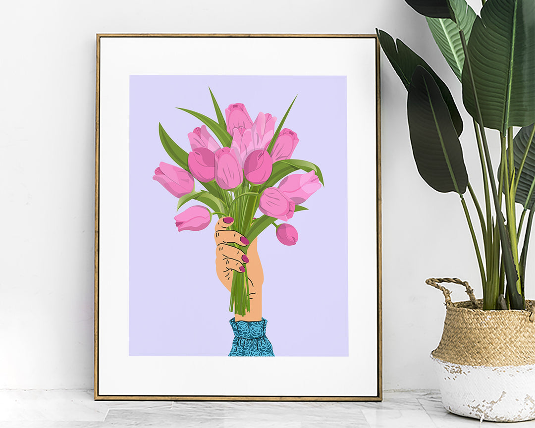 Pink Tulip Abstract Wall Art Print, Pastel Lilac Flower Wall Decor, Spring Flowers Boho Bouquet, Trendy Colourful Botanical Flower Print
