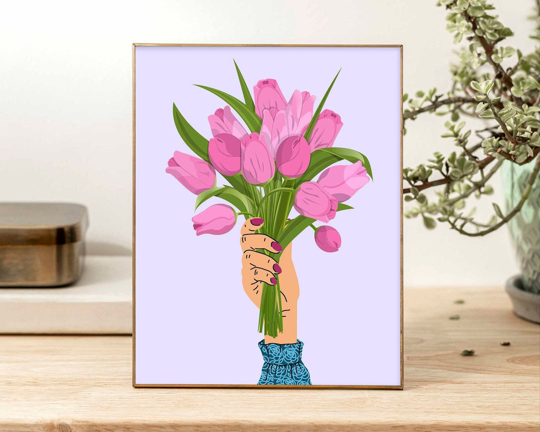 Pink Tulip Abstract Wall Art Print, Pastel Lilac Flower Wall Decor, Spring Flowers Boho Bouquet, Trendy Colourful Botanical Flower Print