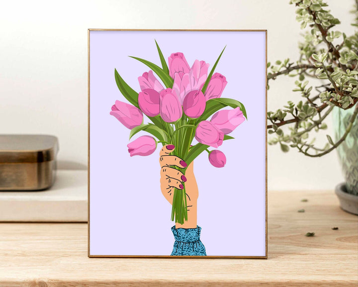 Pink Tulip Abstract Wall Art Print, Pastel Lilac Flower Wall Decor, Spring Flowers Boho Bouquet, Trendy Colourful Botanical Flower Print
