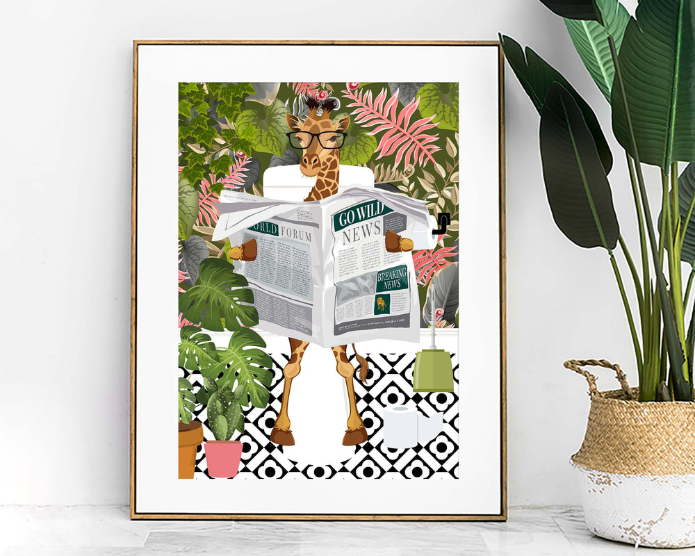 Giraffe on Toilet Bathroom Print, Animal on Toilet Funny Bathroom Wall Art, Tropical Boho Bathroom Jungle Art Decor, Fun Cloakroom Wall Art