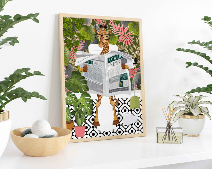 Giraffe on Toilet Bathroom Print, Animal on Toilet Funny Bathroom Wall Art, Tropical Boho Bathroom Jungle Art Decor, Fun Cloakroom Wall Art