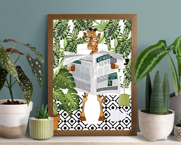 Giraffe on Toilet Botanical Bathroom Prints, Animal on Toilet Funny Bathroom Art, Tropical Boho Safari Jungle Art Decor, Cloakroom Wall Art