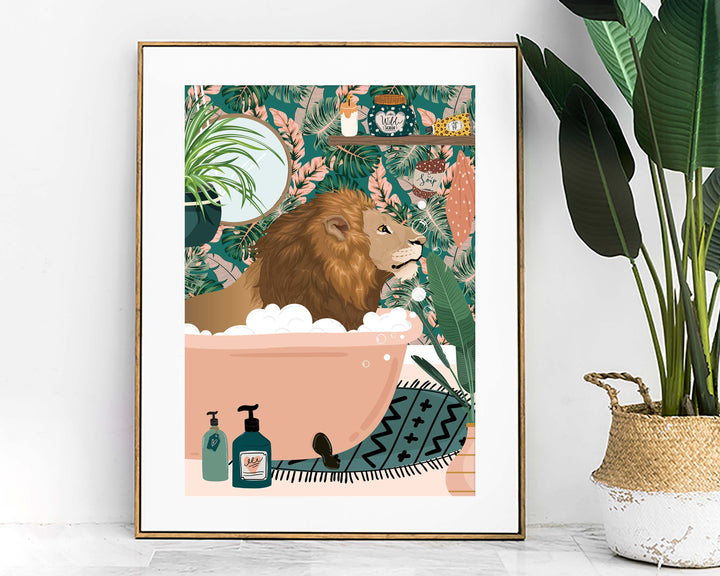 Lion Bathroom Wall Art, Funny Animal Bathroom Prints, Toilet Art Decor, Kids Bathroom Decor, Maximalist Wall Art, Tropical Bathroom Poster