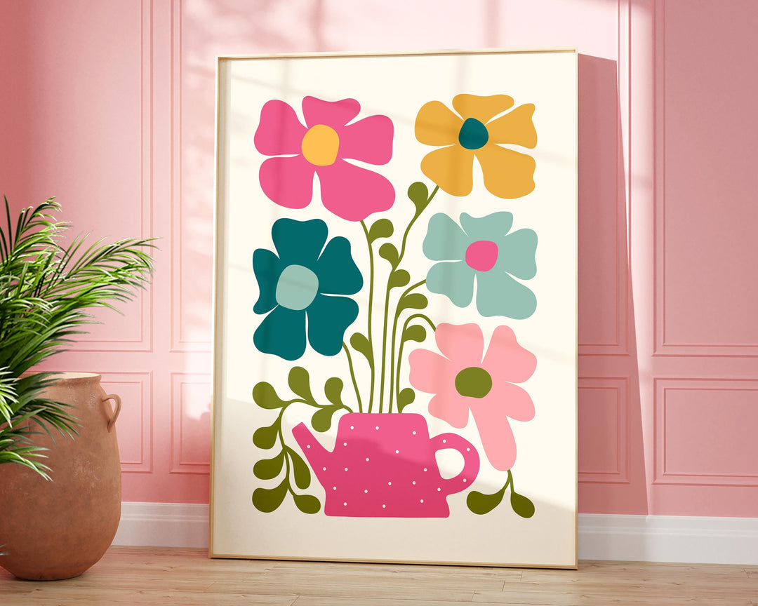 Colourful Abstract Flower Print, Scandinavian Floral Wall Art, Pink Blue Yellow Floral Art, Modern Botanical Plant Print, Living Room Decor