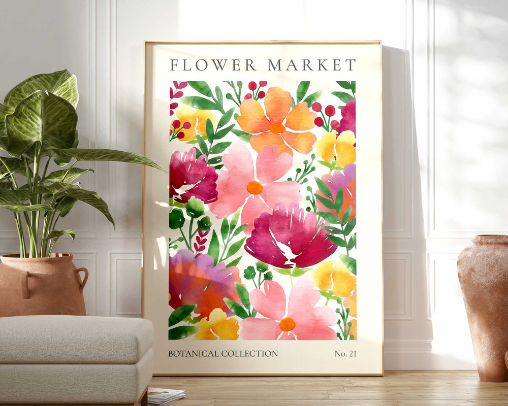 Bright Flower Market Print, Wild Flower Wall Art, Flower Market Poster, Living Room Print, Bedroom Wall Décor, Modern Watercolour Floral Art