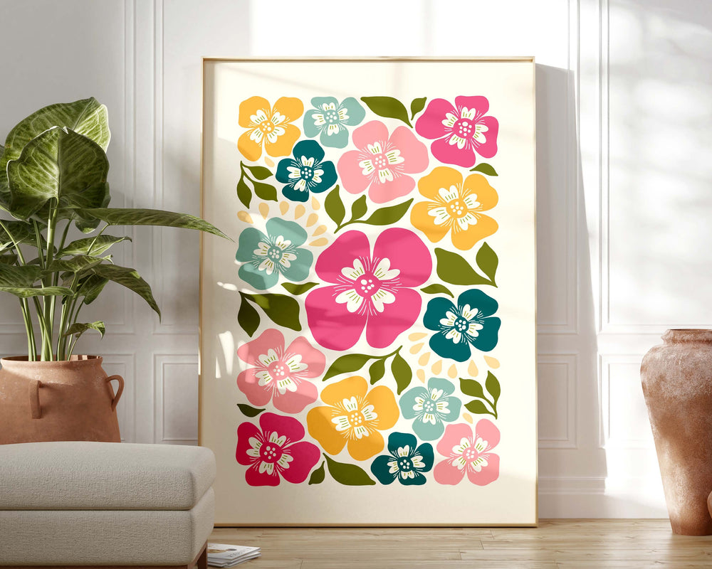 Colourful Abstract Flower Print, Scandinavian Floral Wall Decor, Minimalist Scandi Art, Modern Botanical Plant Print, Living Room Home Decor