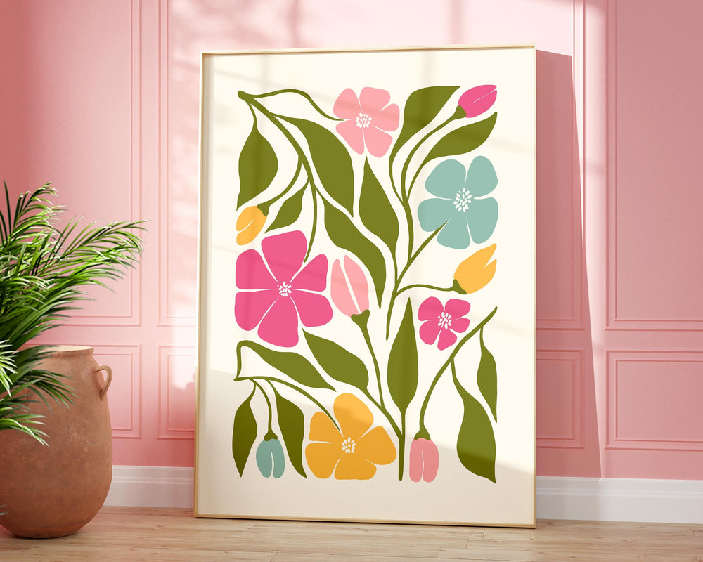 Colourful Abstract Flower Print, Scandinavian Floral Wall Art, Pink Blue Yellow Floral Art, Modern Botanical Plant Print, Living Room Decor