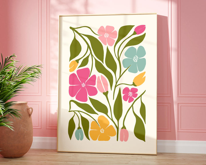 Colourful Abstract Flower Print, Scandinavian Floral Wall Art, Pink Blue Yellow Floral Art, Modern Botanical Plant Print, Living Room Decor