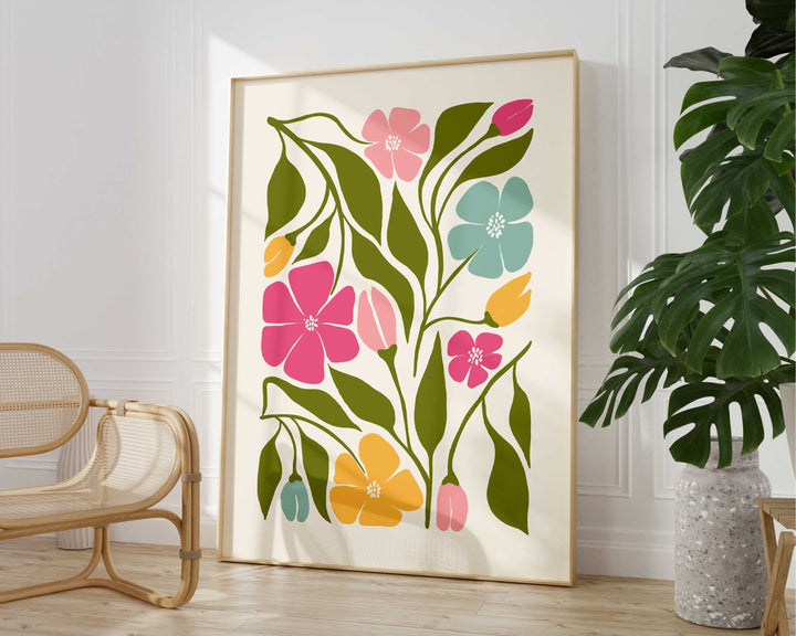 Colourful Abstract Flower Print, Scandinavian Floral Wall Art, Pink Blue Yellow Floral Art, Modern Botanical Plant Print, Living Room Decor
