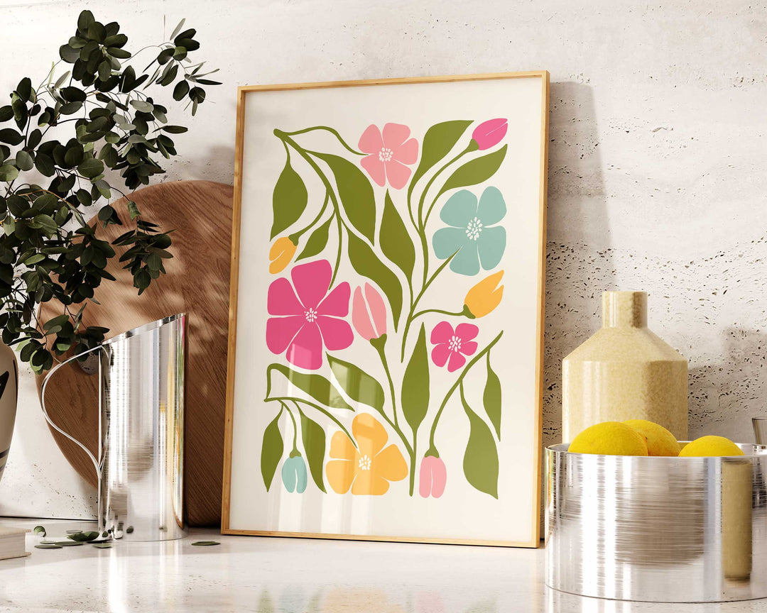 Colourful Abstract Flower Print, Scandinavian Floral Wall Art, Pink Blue Yellow Floral Art, Modern Botanical Plant Print, Living Room Decor