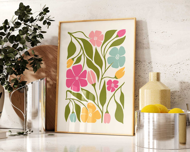 Colourful Abstract Flower Print, Scandinavian Floral Wall Art, Pink Blue Yellow Floral Art, Modern Botanical Plant Print, Living Room Decor