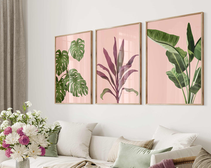 Set of 3 Tropical Leaf Prints, Botanical Monstera Leaves Wall Art, Modern Abstract House Plant Prints, Banana Leaf Poster, Living Room Decor