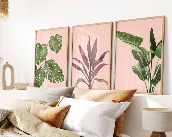 Set of 3 Tropical Leaf Prints, Botanical Monstera Leaves Wall Art, Modern Abstract House Plant Prints, Banana Leaf Poster, Living Room Decor