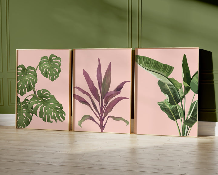 Set of 3 Tropical Leaf Prints, Botanical Monstera Leaves Wall Art, Modern Abstract House Plant Prints, Banana Leaf Poster, Living Room Decor
