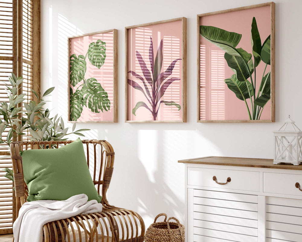 Set of 3 Tropical Leaf Prints, Botanical Monstera Leaves Wall Art, Modern Abstract House Plant Prints, Banana Leaf Poster, Living Room Decor