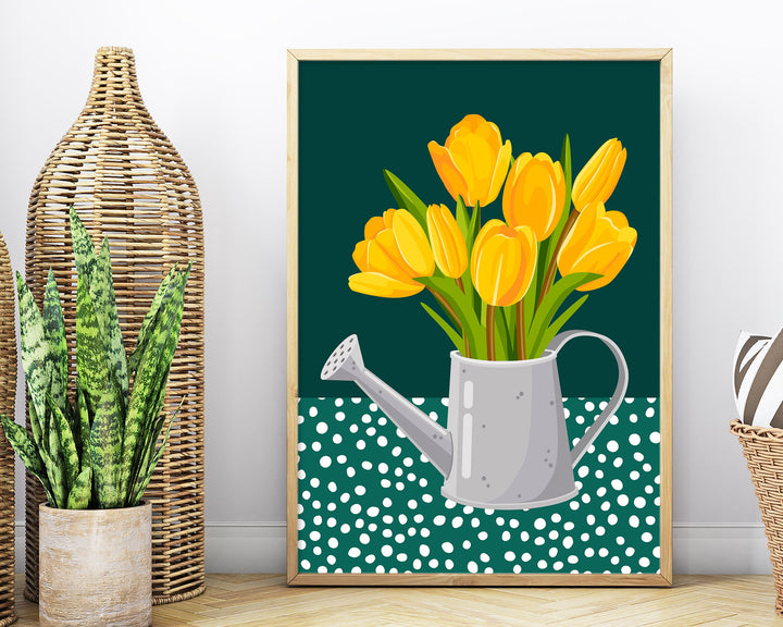 Yellow And Green Abstract Tulip Flower Print, Modern Polkadot Plant Prints, Colourful Floral Wall Art, Spring Flower Poster, Living Room Art