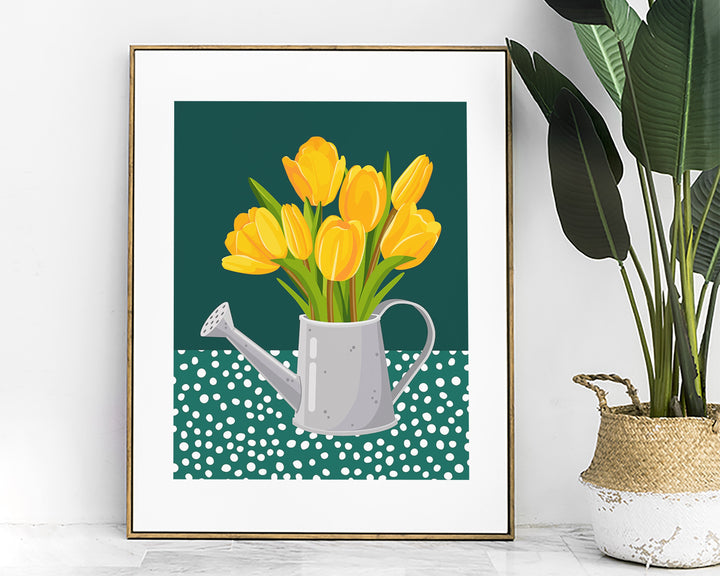 Yellow And Green Abstract Tulip Flower Print, Modern Polkadot Plant Prints, Colourful Floral Wall Art, Spring Flower Poster, Living Room Art