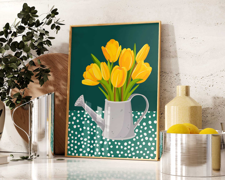 Yellow And Green Abstract Tulip Flower Print, Modern Polkadot Plant Prints, Colourful Floral Wall Art, Spring Flower Poster, Living Room Art