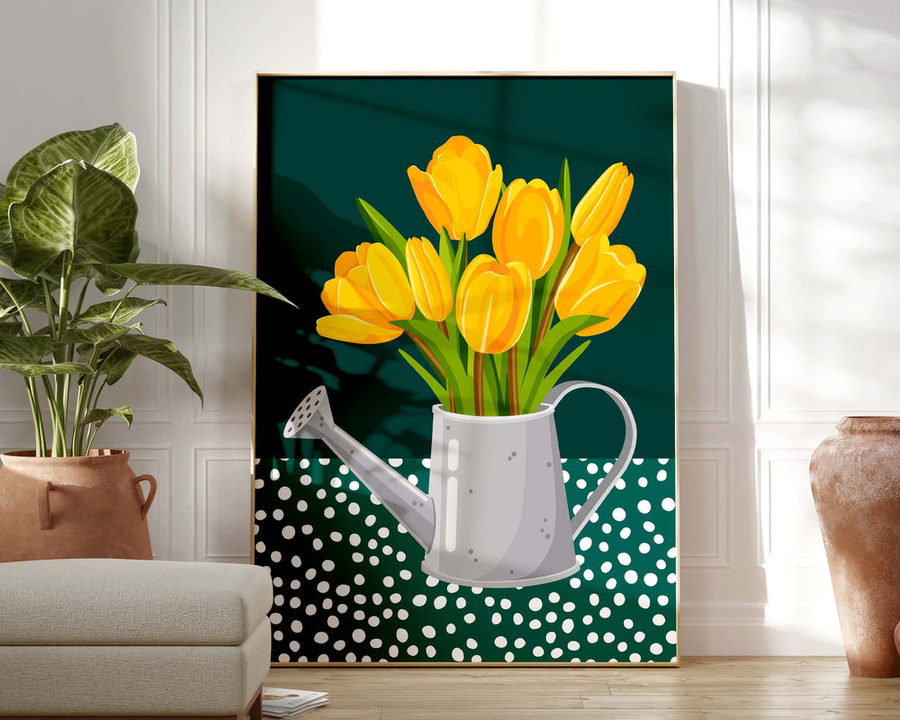 Yellow And Green Abstract Tulip Flower Print, Modern Polkadot Plant Prints, Colourful Floral Wall Art, Spring Flower Poster, Living Room Art
