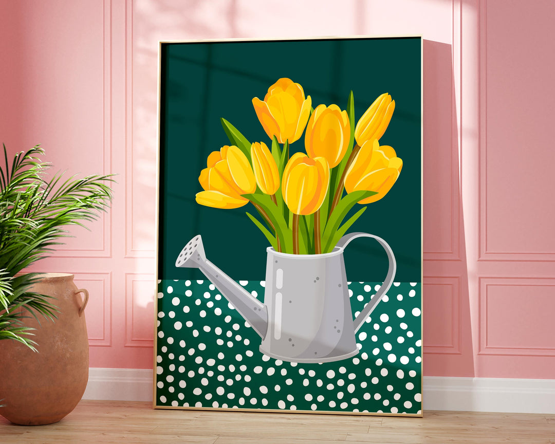 Yellow And Green Abstract Tulip Flower Print, Modern Polkadot Plant Prints, Colourful Floral Wall Art, Spring Flower Poster, Living Room Art