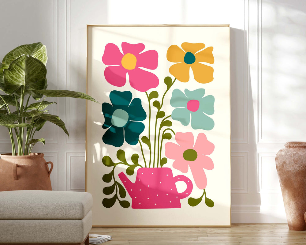 Colourful Abstract Flower Print, Scandinavian Floral Wall Art, Pink Blue Yellow Floral Art, Modern Botanical Plant Print, Living Room Decor