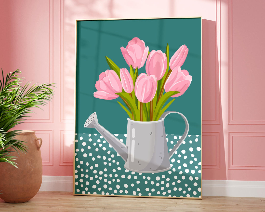 Pink And Teal Abstract Tulip Flower Print, Modern Polkadot Plant Prints, Colourful Floral Wall Art, Spring Flower Poster, Living Room Art