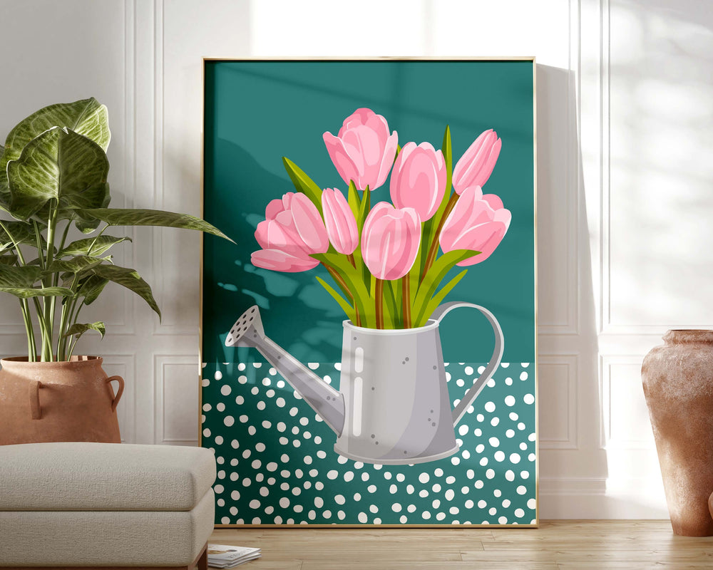 Pink And Teal Abstract Tulip Flower Print, Modern Polkadot Plant Prints, Colourful Floral Wall Art, Spring Flower Poster, Living Room Art