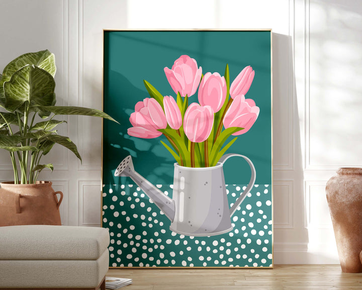 Pink And Teal Abstract Tulip Flower Print, Modern Polkadot Plant Prints, Colourful Floral Wall Art, Spring Flower Poster, Living Room Art