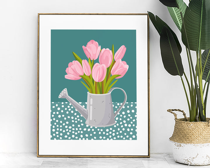 Pink And Teal Abstract Tulip Flower Print, Modern Polkadot Plant Prints, Colourful Floral Wall Art, Spring Flower Poster, Living Room Art