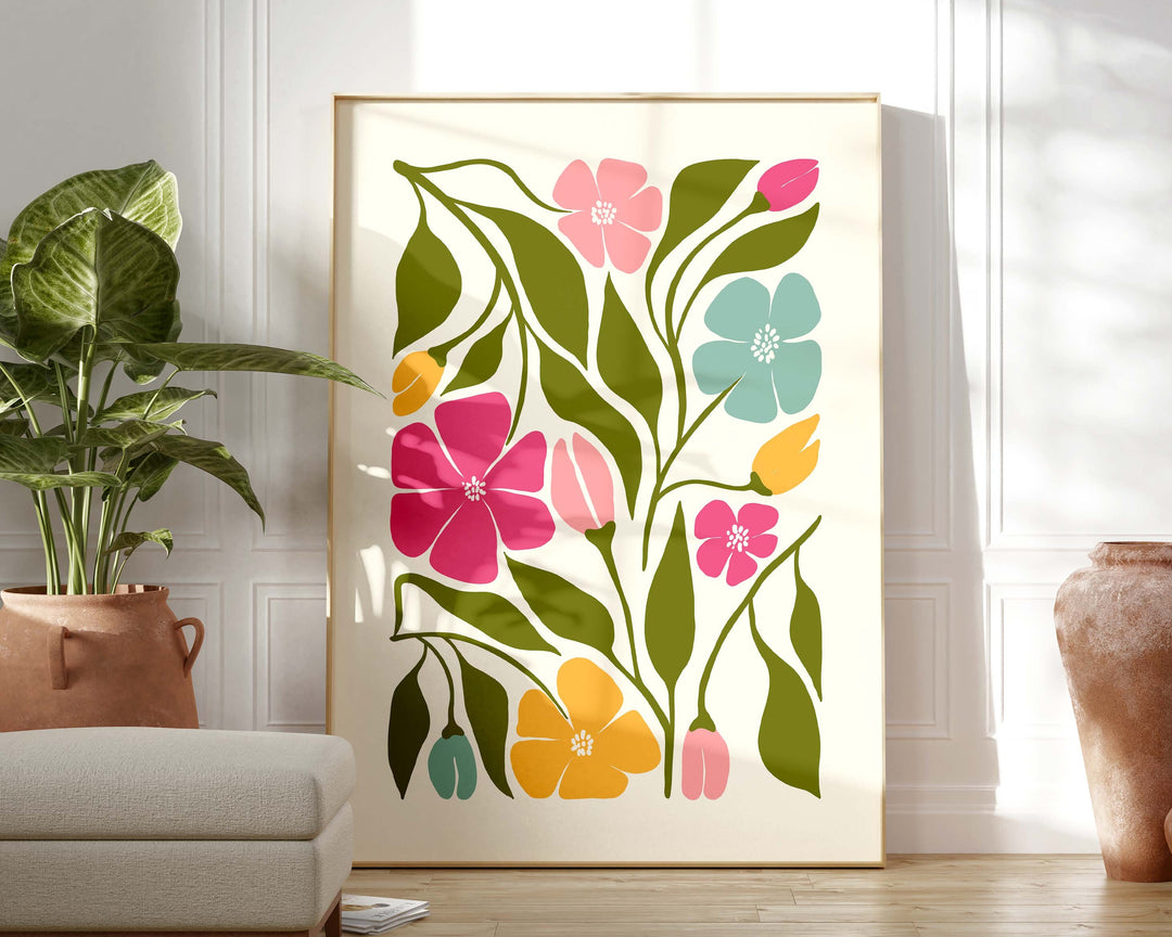 Colourful Abstract Flower Print, Scandinavian Floral Wall Art, Pink Blue Yellow Floral Art, Modern Botanical Plant Print, Living Room Decor