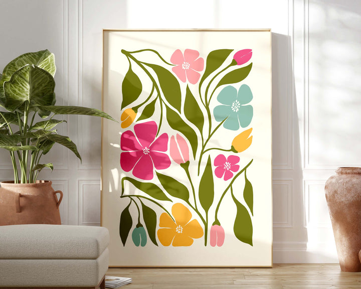 Colourful Abstract Flower Print, Scandinavian Floral Wall Art, Pink Blue Yellow Floral Art, Modern Botanical Plant Print, Living Room Decor