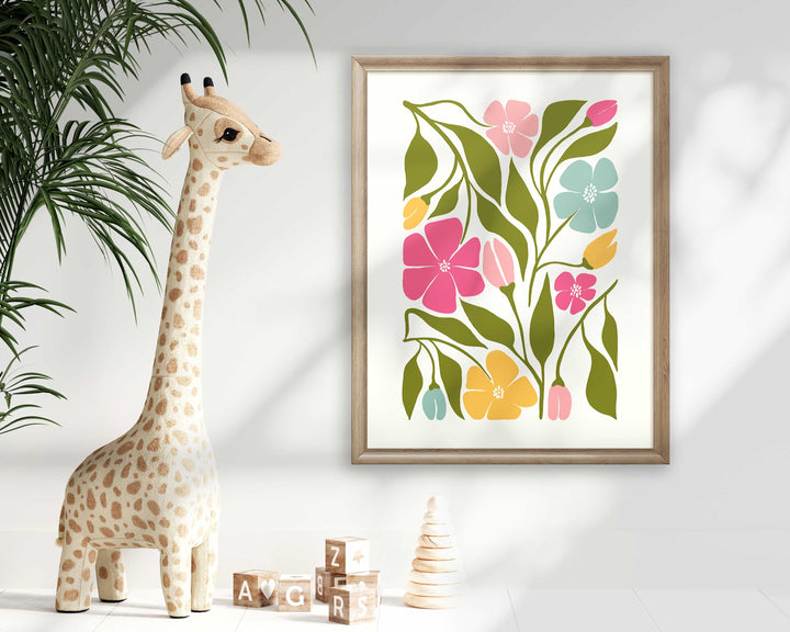 Colourful Abstract Flower Print, Scandinavian Floral Wall Art, Pink Blue Yellow Floral Art, Modern Botanical Plant Print, Living Room Decor
