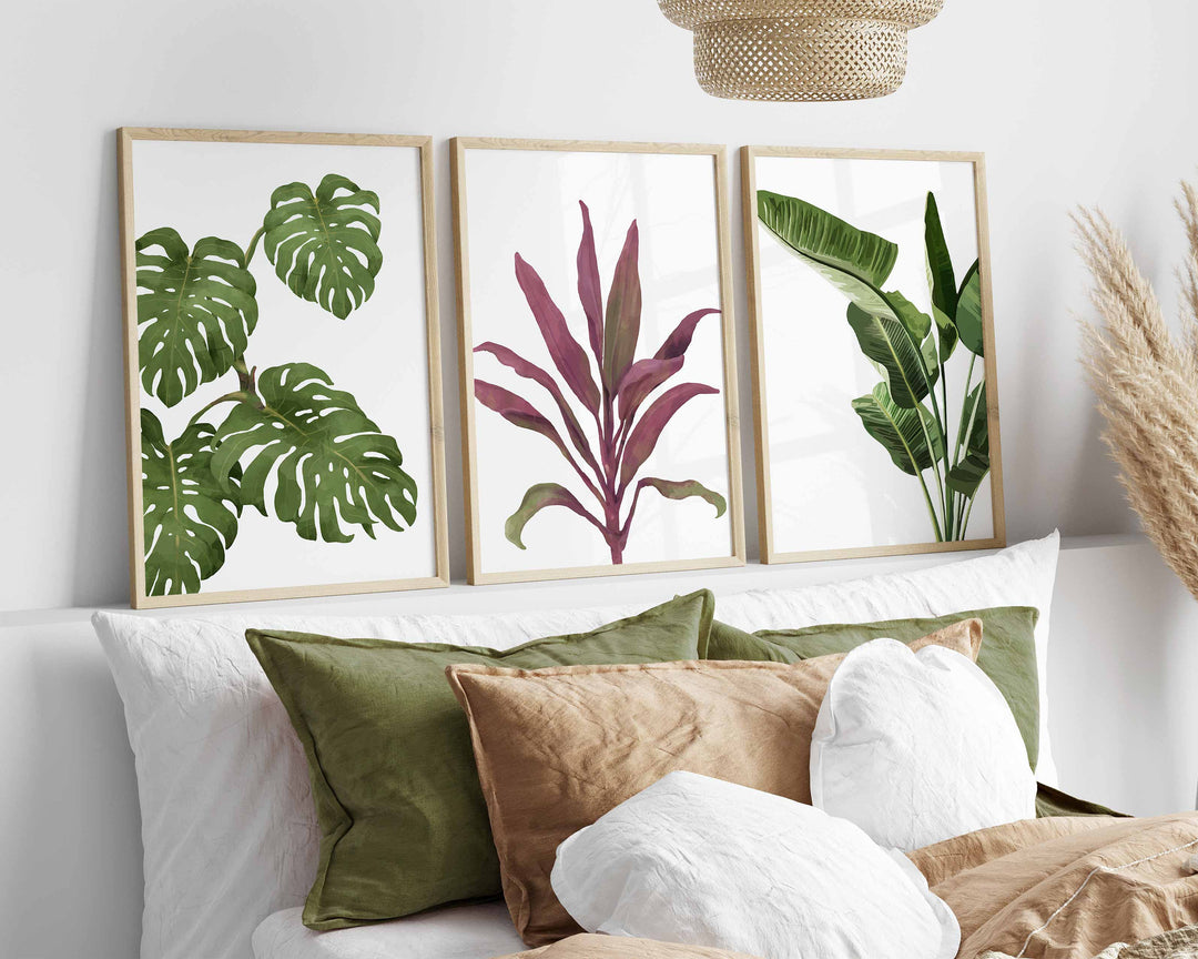 Set of 3 Tropical Leaf Prints, Botanical Monstera Leaves Wall Art, Modern Abstract House Plant Prints, Banana Leaf Poster, Living Room Decor