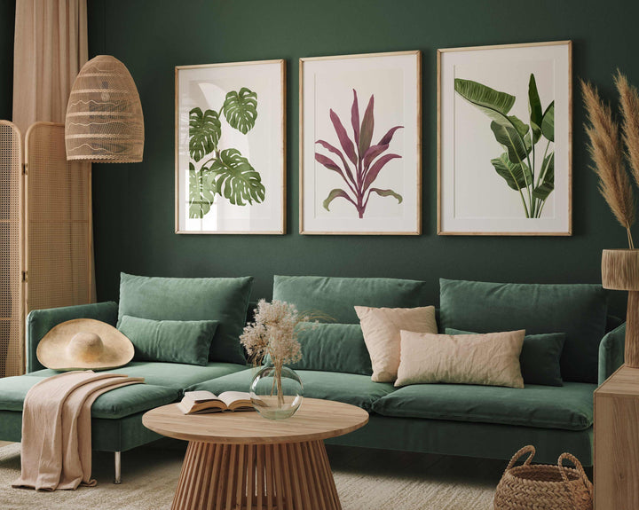 Set of 3 Tropical Leaf Prints, Botanical Monstera Leaves Wall Art, Modern Abstract House Plant Prints, Banana Leaf Poster, Living Room Decor