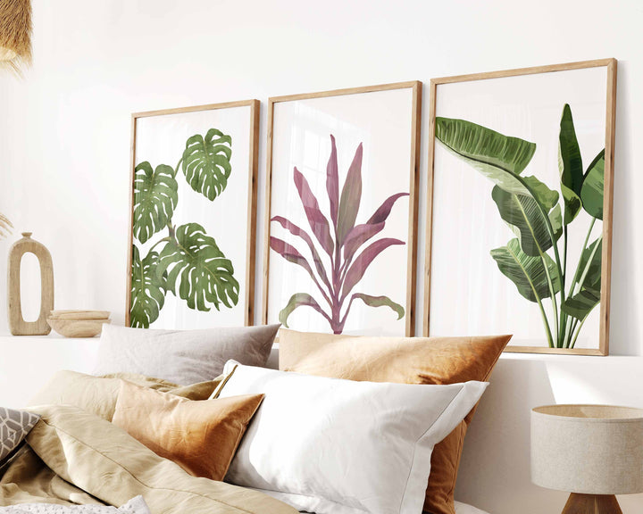 Set of 3 Tropical Leaf Prints, Botanical Monstera Leaves Wall Art, Modern Abstract House Plant Prints, Banana Leaf Poster, Living Room Decor