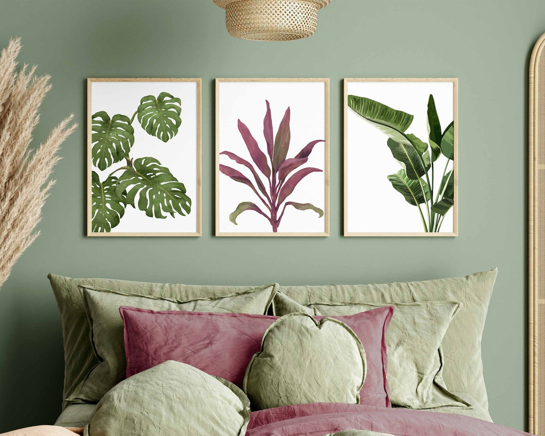 Set of 3 Tropical Leaf Prints, Botanical Monstera Leaves Wall Art, Modern Abstract House Plant Prints, Banana Leaf Poster, Living Room Decor