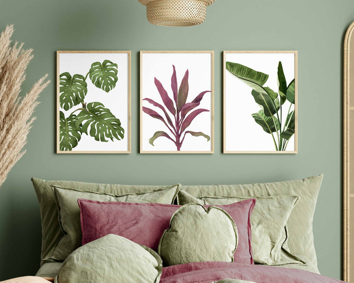 Set of 3 Tropical Leaf Prints, Botanical Monstera Leaves Wall Art, Modern Abstract House Plant Prints, Banana Leaf Poster, Living Room Decor
