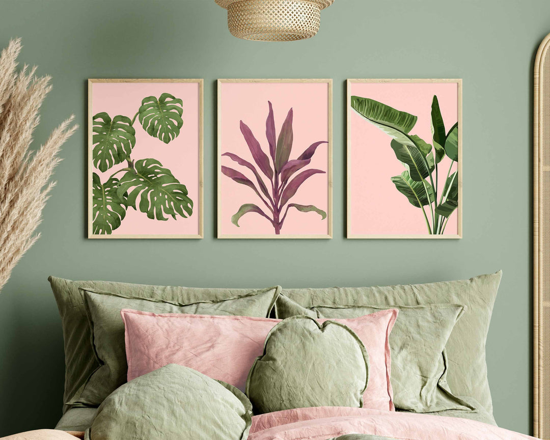 Set of 3 Tropical Leaf Prints, Botanical Monstera Leaves Wall Art, Modern Abstract House Plant Prints, Banana Leaf Poster, Living Room Decor