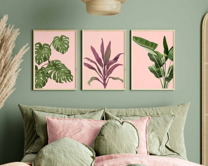 Set of 3 Tropical Leaf Prints, Botanical Monstera Leaves Wall Art, Modern Abstract House Plant Prints, Banana Leaf Poster, Living Room Decor