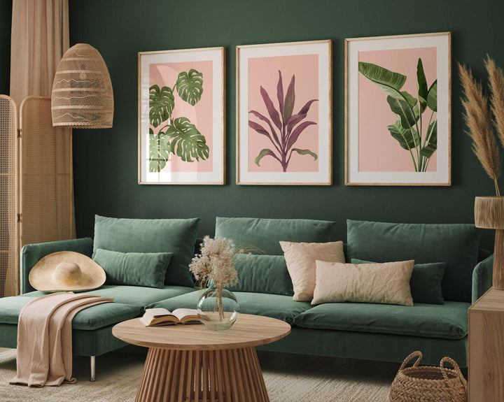 Set of 3 Tropical Leaf Prints, Botanical Monstera Leaves Wall Art, Modern Abstract House Plant Prints, Banana Leaf Poster, Living Room Decor
